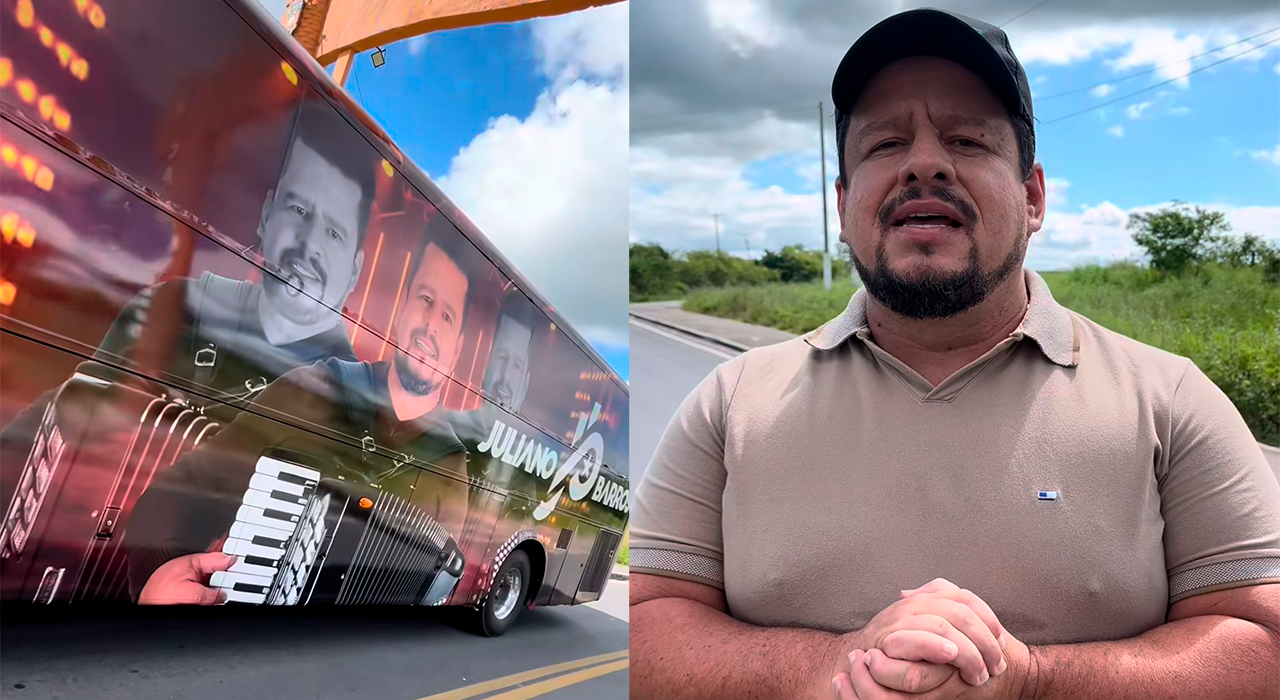 Cantor Juliano Barros celebra a conquista de um ônibus moderno para a banda